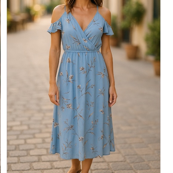 one clothing Dresses & Skirts - ONE CLOTHING Floral Open Shoulder Maxi Dress Women’s S Cornflower Blue Tie Back